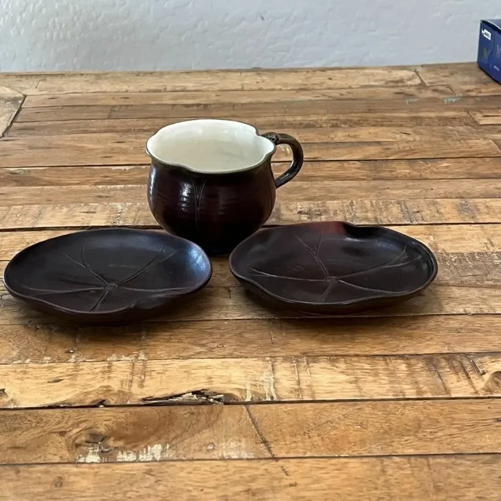 Japanese Pottery Ceramic Tea Cup & Plates 3 Piece Dark Brown Glaze Lotus Leaf